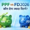 PPF vs FD 2026 तुलना ग्राफिक जिसमें PPF और FD के बीच रिटर्न की तुलना दिखाई गई है और लिखा है कौन देगा ज्यादा रिटर्न