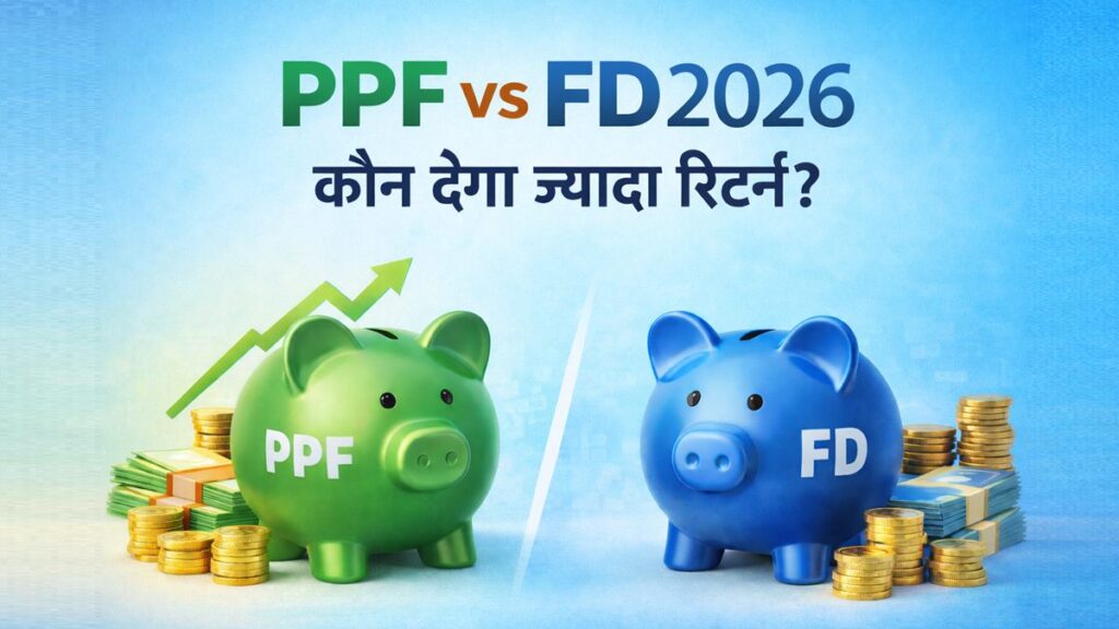 PPF vs FD 2026 तुलना ग्राफिक जिसमें PPF और FD के बीच रिटर्न की तुलना दिखाई गई है और लिखा है कौन देगा ज्यादा रिटर्न