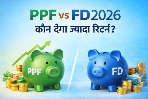 PPF vs FD 2026 तुलना ग्राफिक जिसमें PPF और FD के बीच रिटर्न की तुलना दिखाई गई है और लिखा है कौन देगा ज्यादा रिटर्न