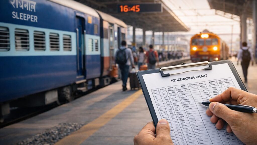 भारतीय रेलवे प्लेटफॉर्म पर टिकट चार्ट चेक करते यात्री और ट्रेन का दृश्य