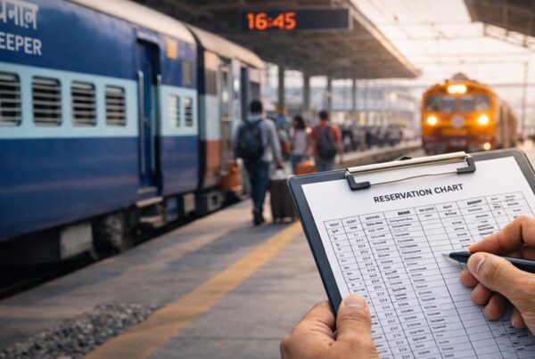 भारतीय रेलवे प्लेटफॉर्म पर टिकट चार्ट चेक करते यात्री और ट्रेन का दृश्य