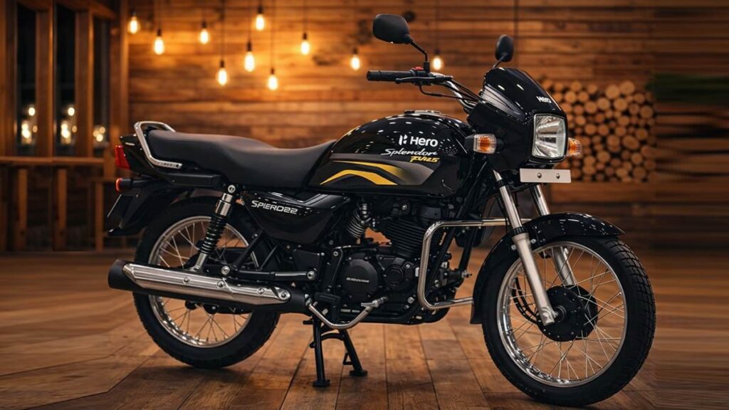 Hero Splendor Plus 2026 bike wooden background mileage 75 kmpl