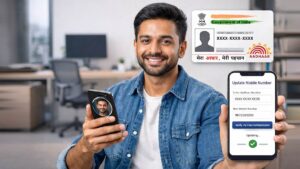Aadhaar Face Authentication से बैंक मोबाइल नंबर अपडेट करते हुए व्यक्ति मोबाइल ऐप के जरिए
