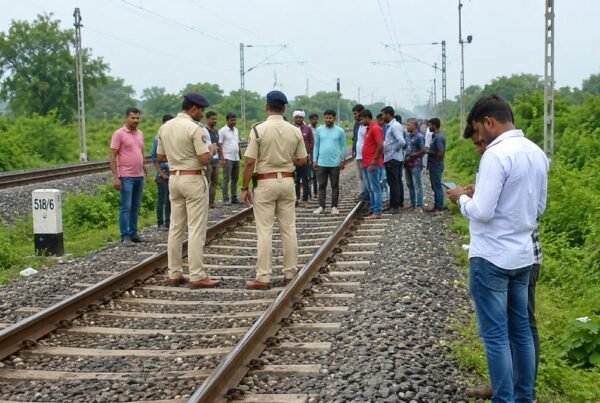 बोकारो में रेलवे ट्रैक पर जांच करती पुलिस और मौके पर मौजूद स्थानीय लोग