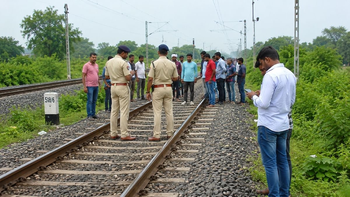 बोकारो में रेलवे ट्रैक पर जांच करती पुलिस और मौके पर मौजूद स्थानीय लोग