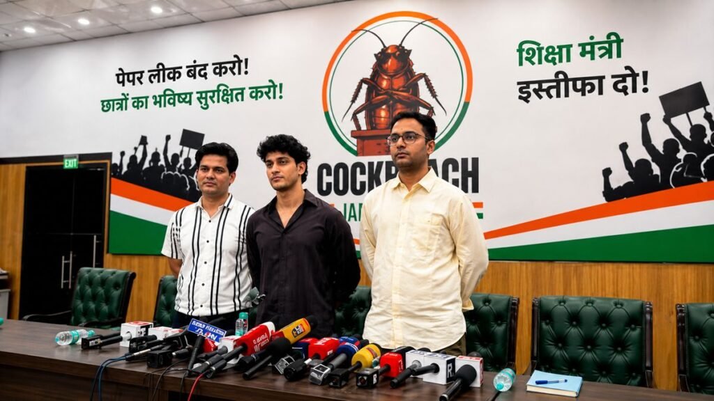 पेपर लीक के खिलाफ प्रेस कॉन्फ्रेंस को संबोधित करते कॉकरोच जनता पार्टी के नेता