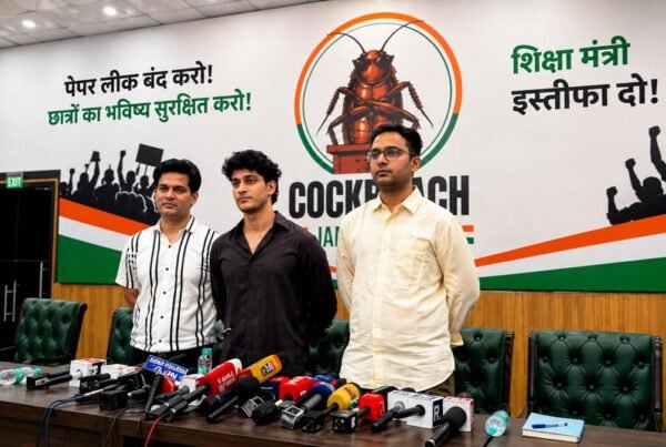 पेपर लीक के खिलाफ प्रेस कॉन्फ्रेंस को संबोधित करते कॉकरोच जनता पार्टी के नेता